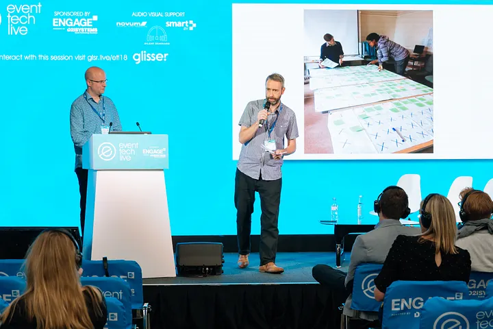 Image of Lineup Ninja presenting their product in a startup pitching competition at Event Tech Live in 2018